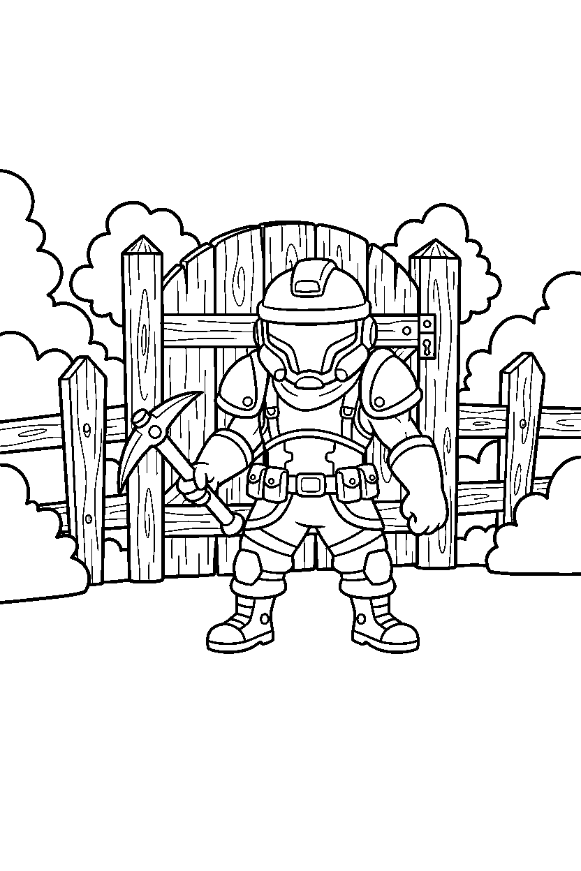 fortnite champion preparing for battle near a wooden gate line art