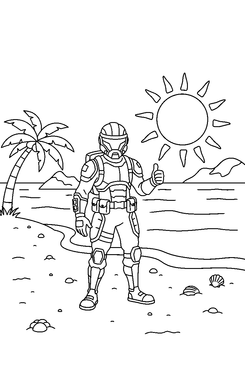 fortnite defender giving a thumbs up on a sandy beach line art