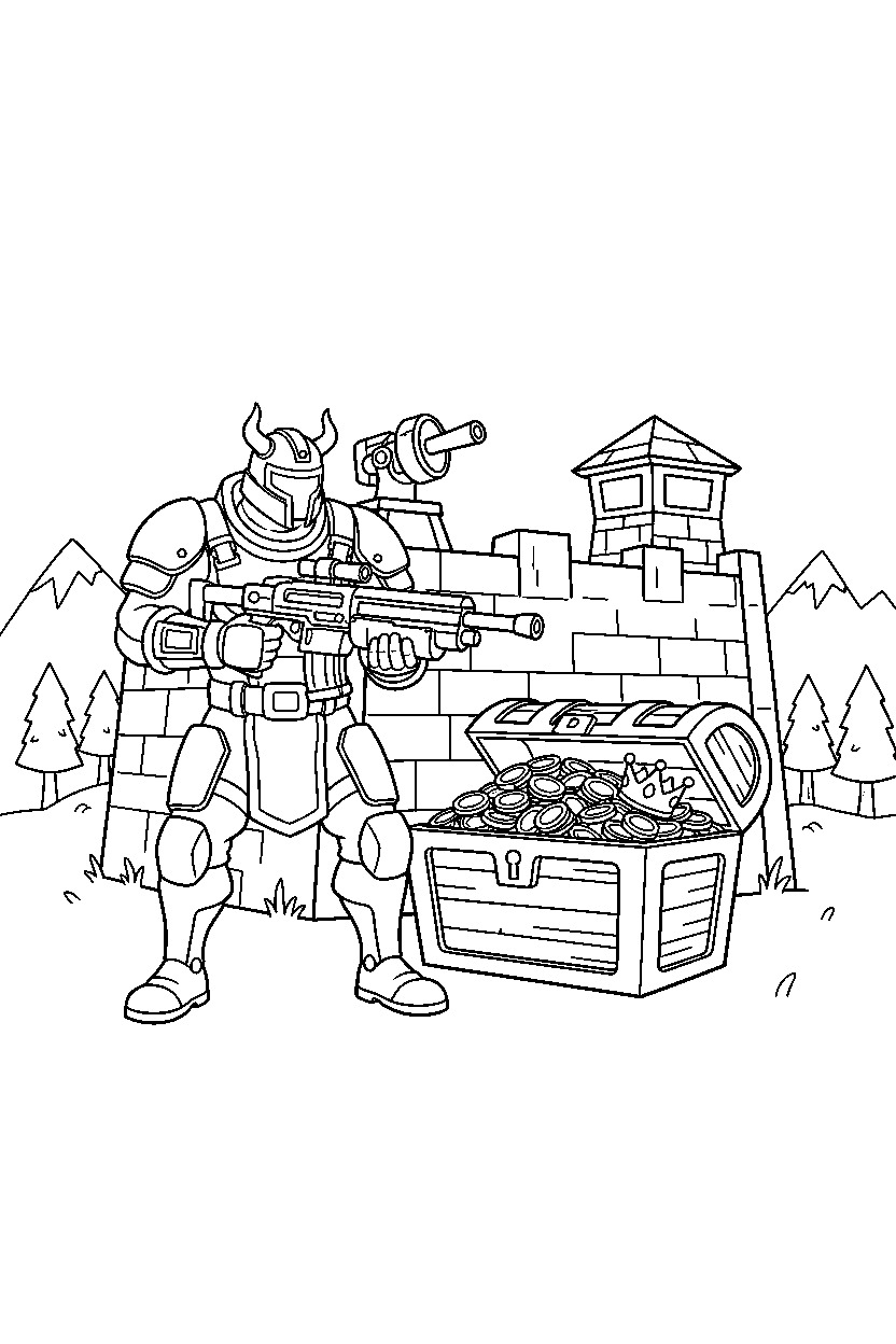 fortnite defender guarding the base near a treasure chest line art