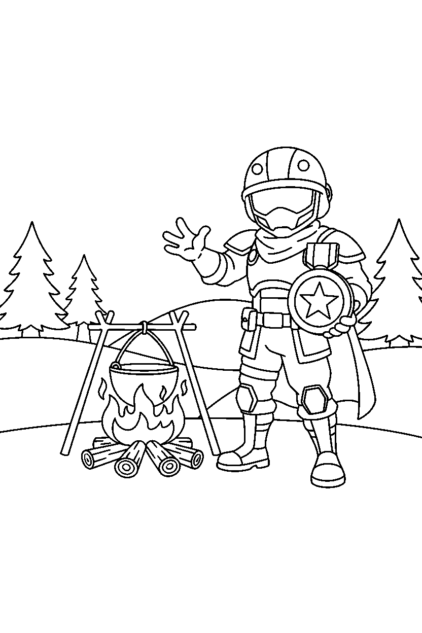 fortnite defender holding a medal near a campfire line art