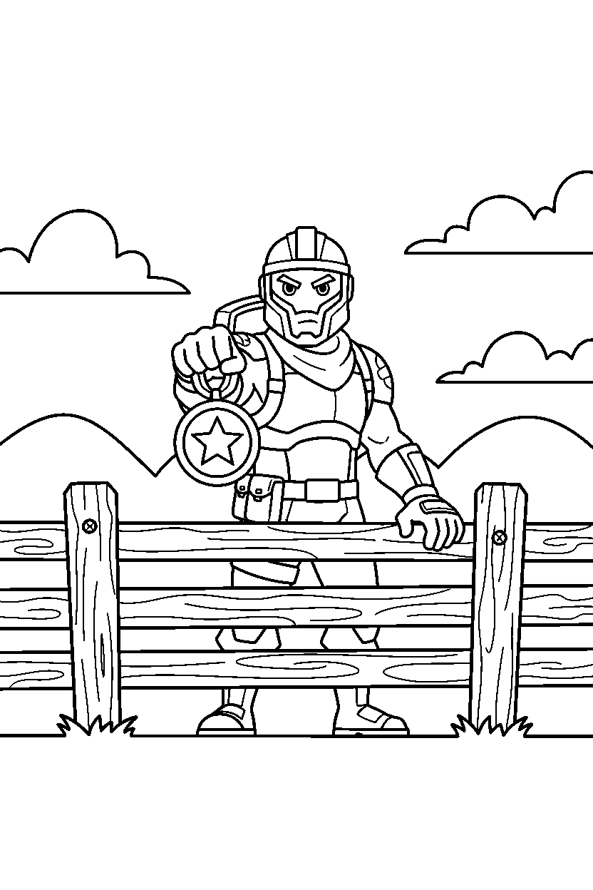 fortnite defender holding a medal near a wooden fence line art