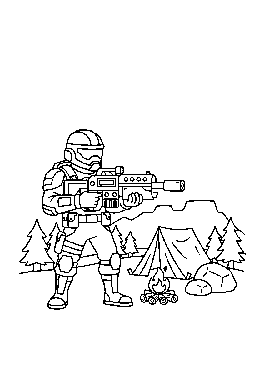 fortnite defender holding a weapon near a small camp line art