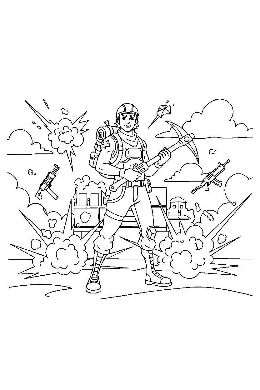fortnite defender ready for adventure in a cartoon battle scene line art