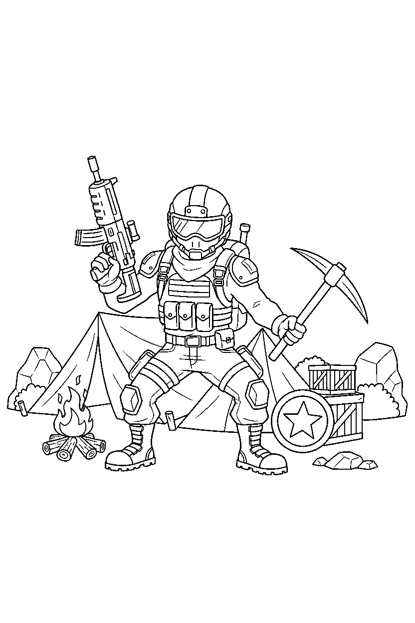 fortnite defender ready for adventure near a supply camp line art