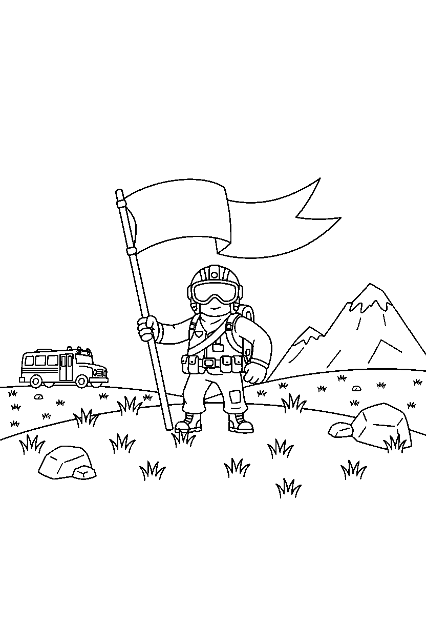fortnite explorer holding a banner on a grassy battlefield line art