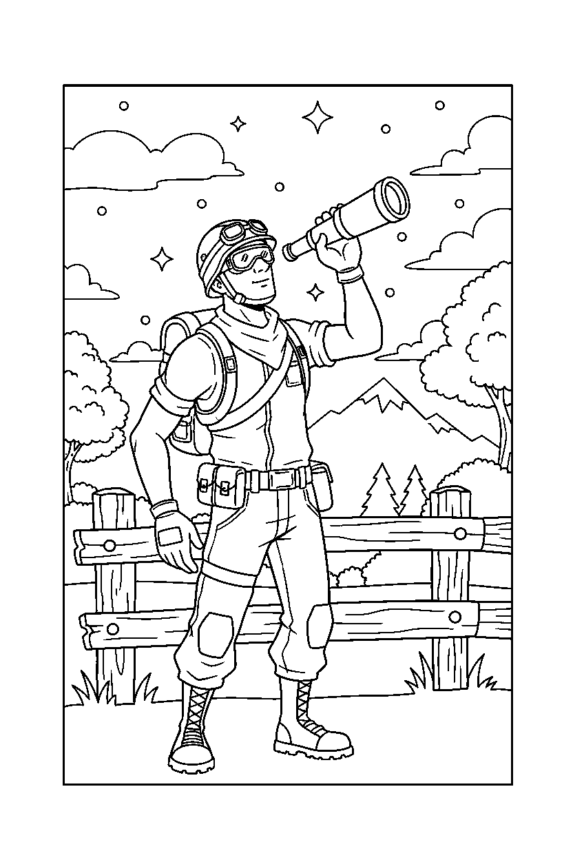 fortnite explorer looking at the sky near a wooden fence line art