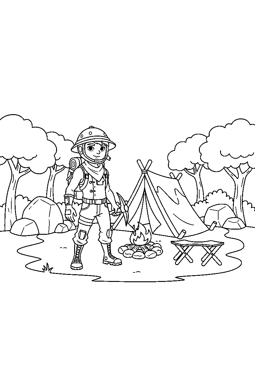 fortnite explorer standing ready near a small camp line art
