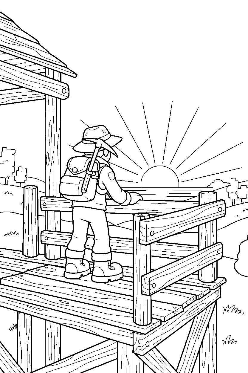fortnite explorer watching the horizon near a wooden lookout line art