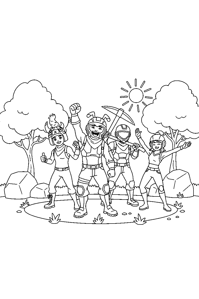 fortnite fighter celebrating with teammates in a sunny clearing line art