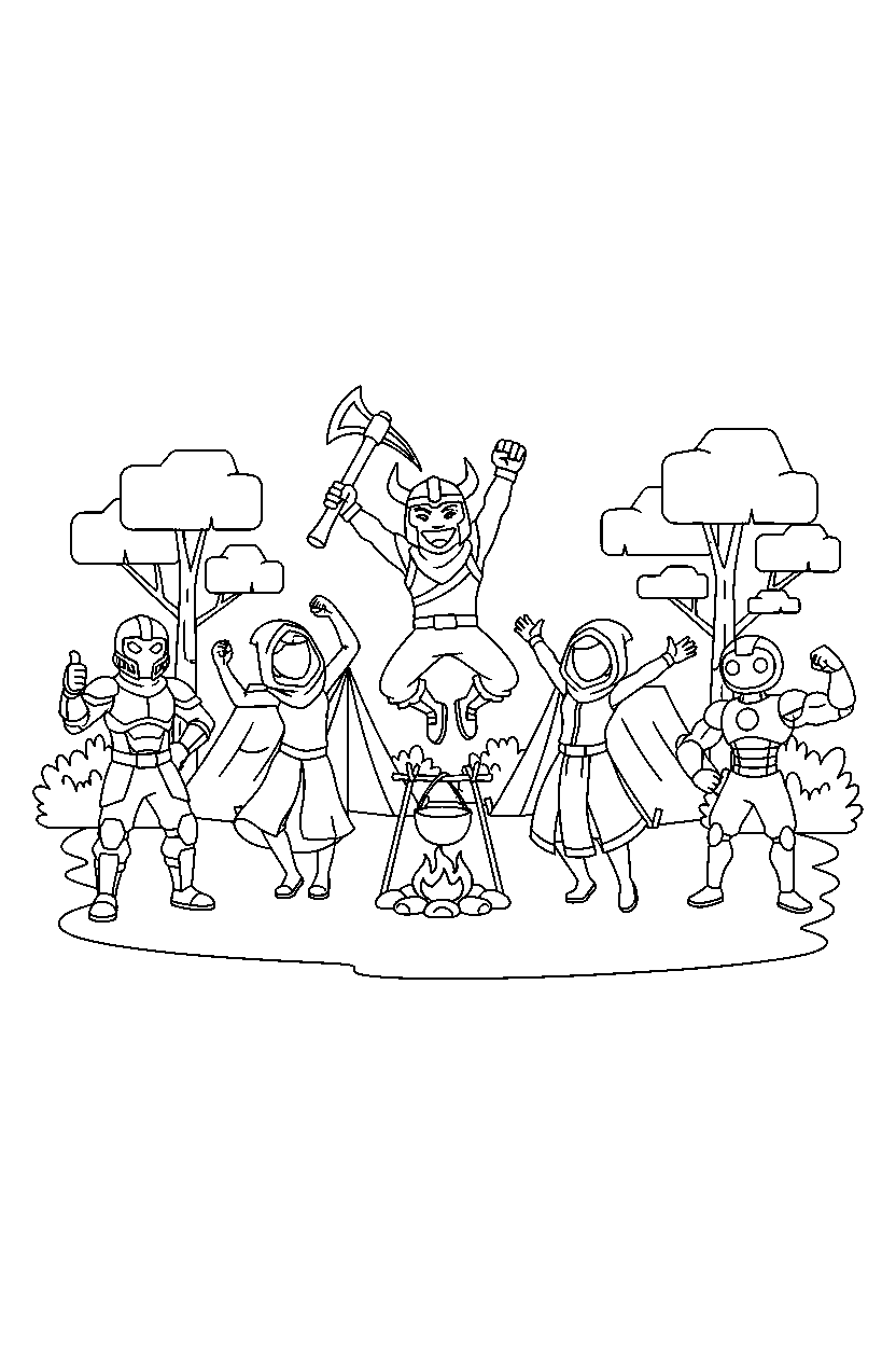 fortnite fighter celebrating with teammates near a small camp line art