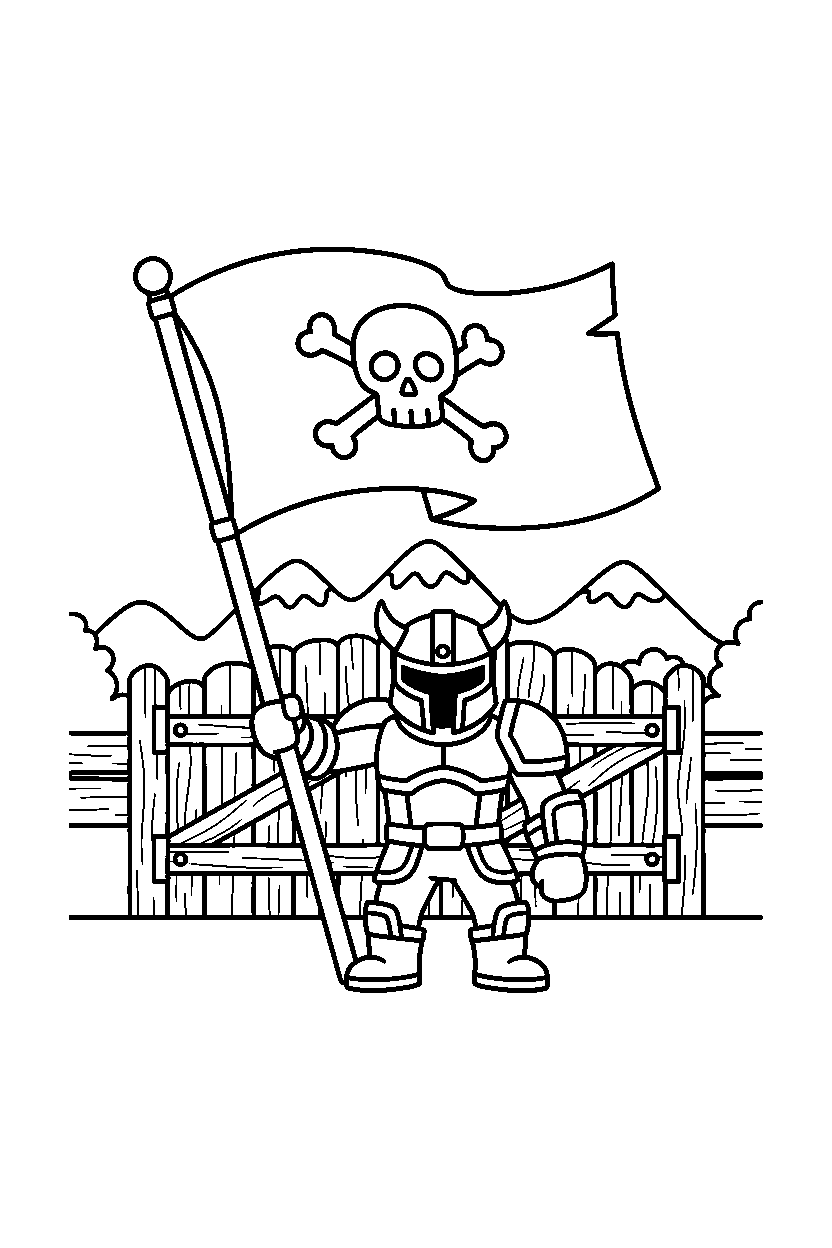 fortnite fighter holding a flag near a wooden gate line art