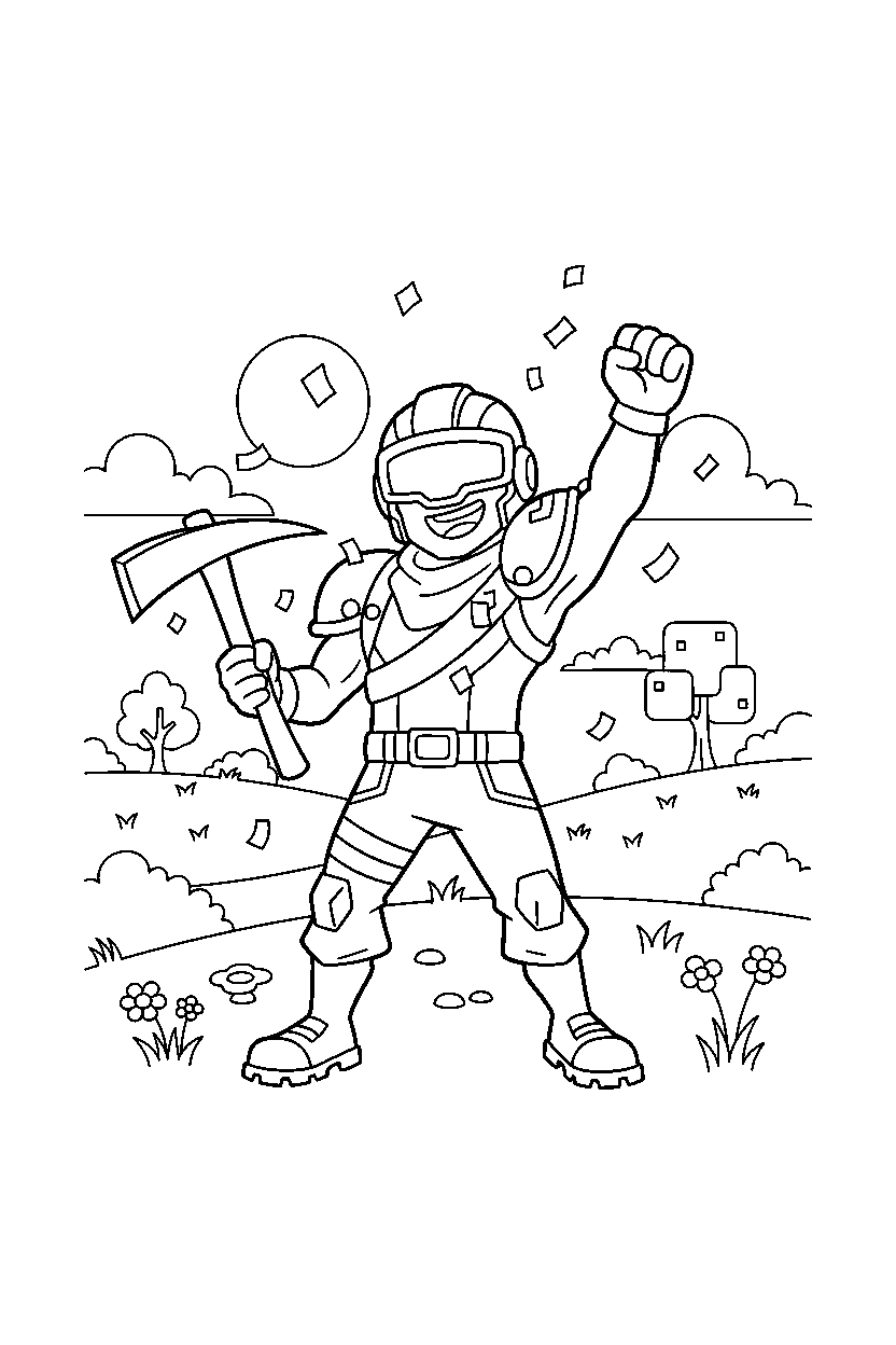 fortnite hero celebrating victory in a peaceful meadow line art