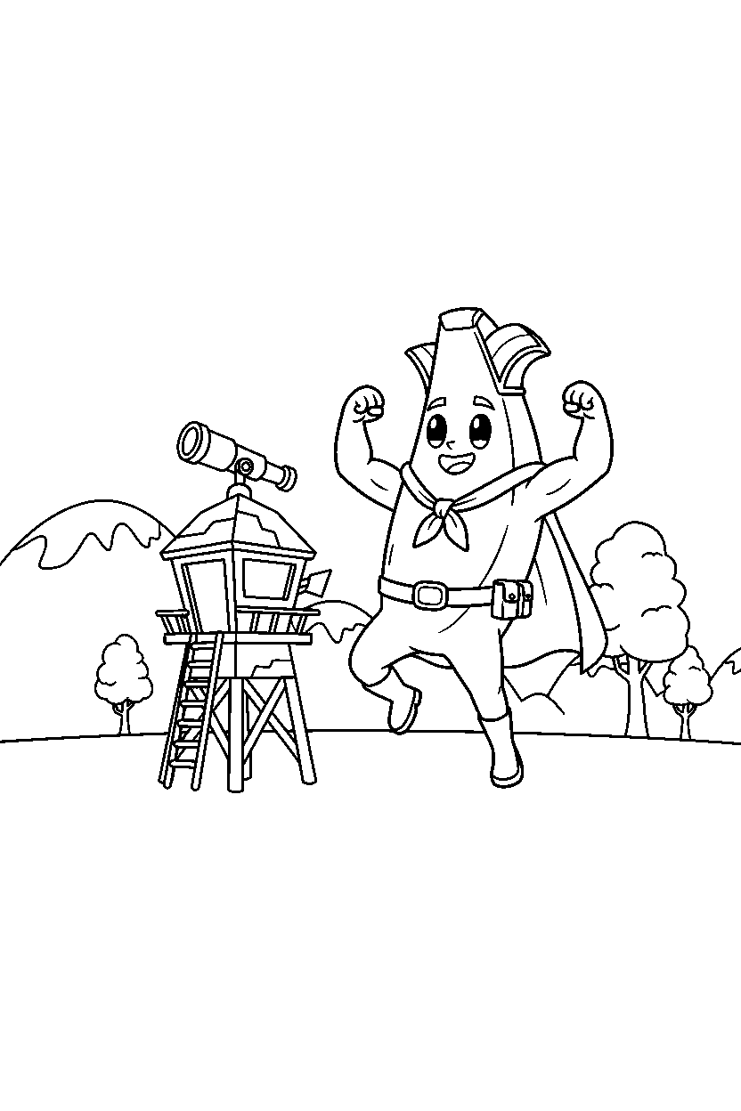 fortnite hero celebrating victory near a watch post line art