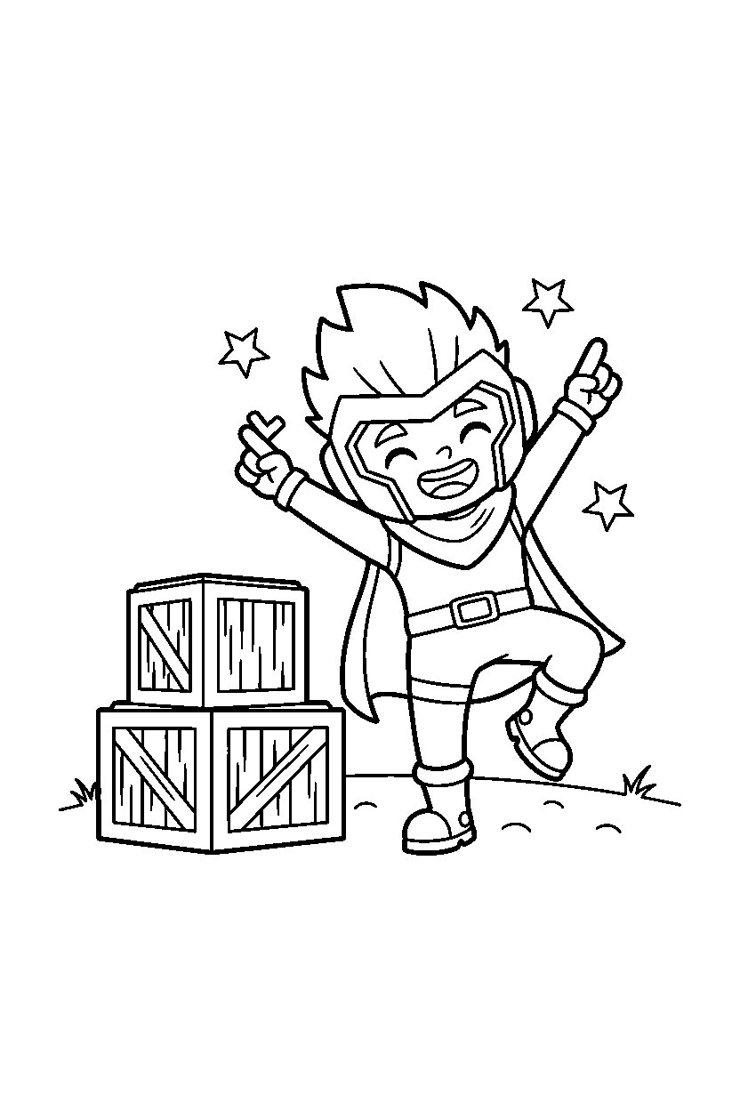 fortnite hero celebrating victory near a wooden crate stack line art