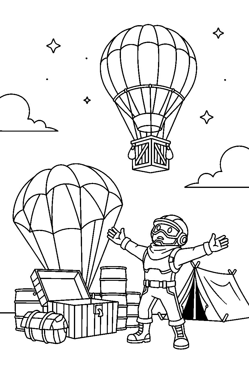 fortnite hero looking at the sky near a supply camp line art