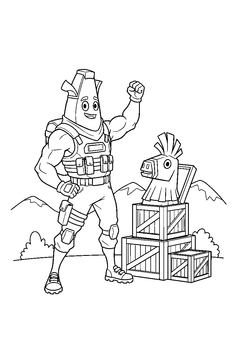 fortnite hero posing near supply crates line art