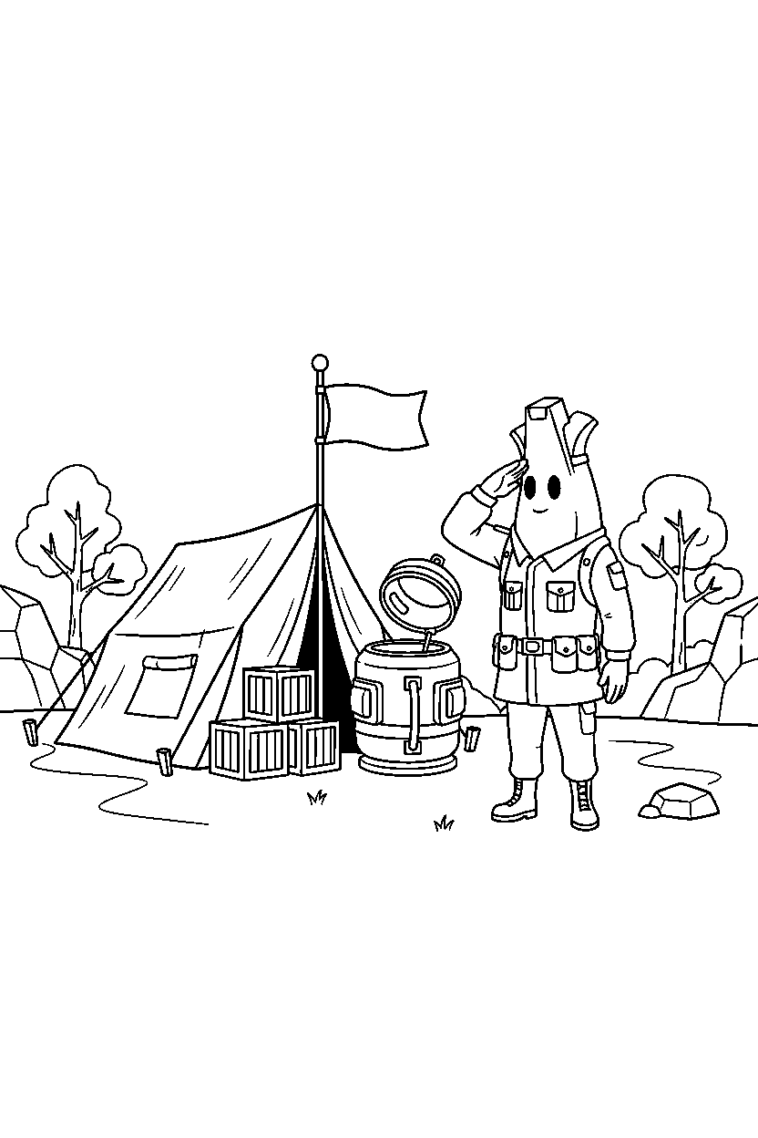 fortnite hero saluting near a supply camp line art