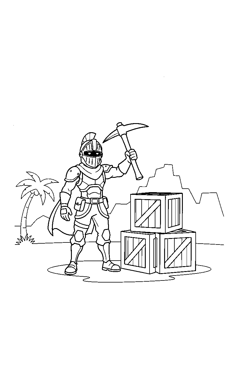 fortnite heroic adventurer holding a pickaxe near stacked crates line art