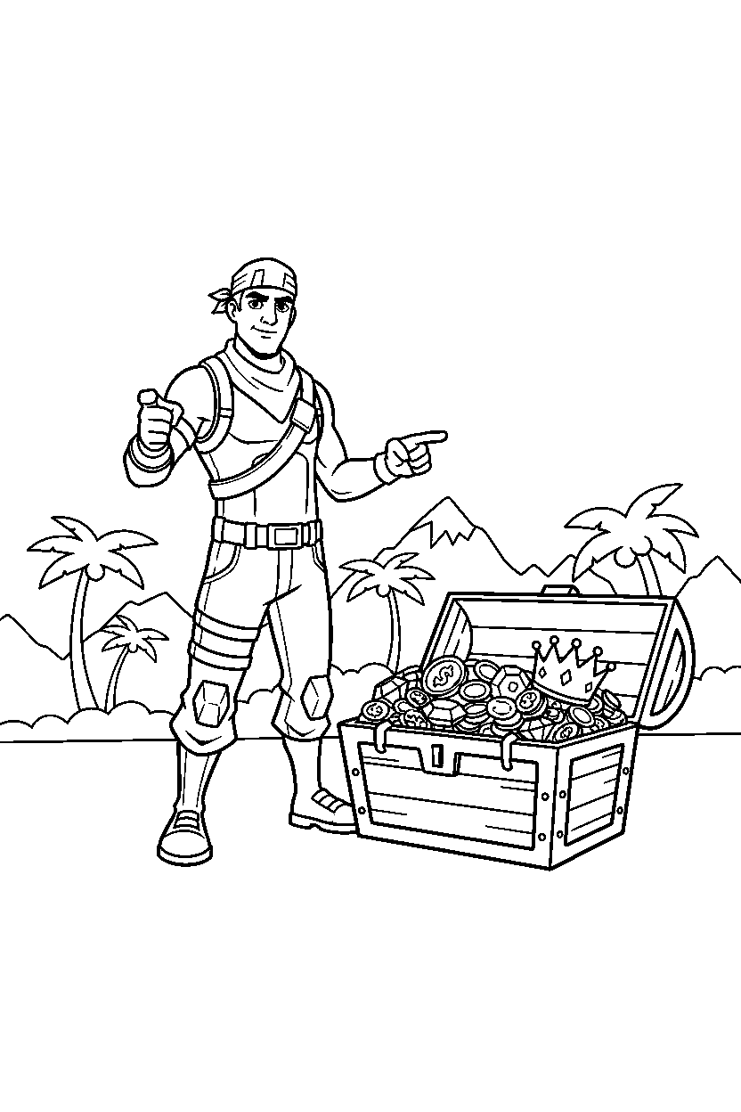 fortnite heroic adventurer pointing forward near a treasure chest line art