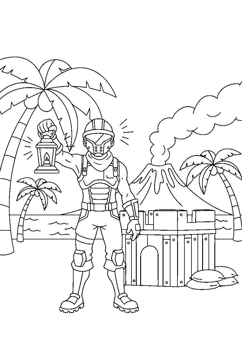 fortnite island champion holding a lantern near a small fort line art