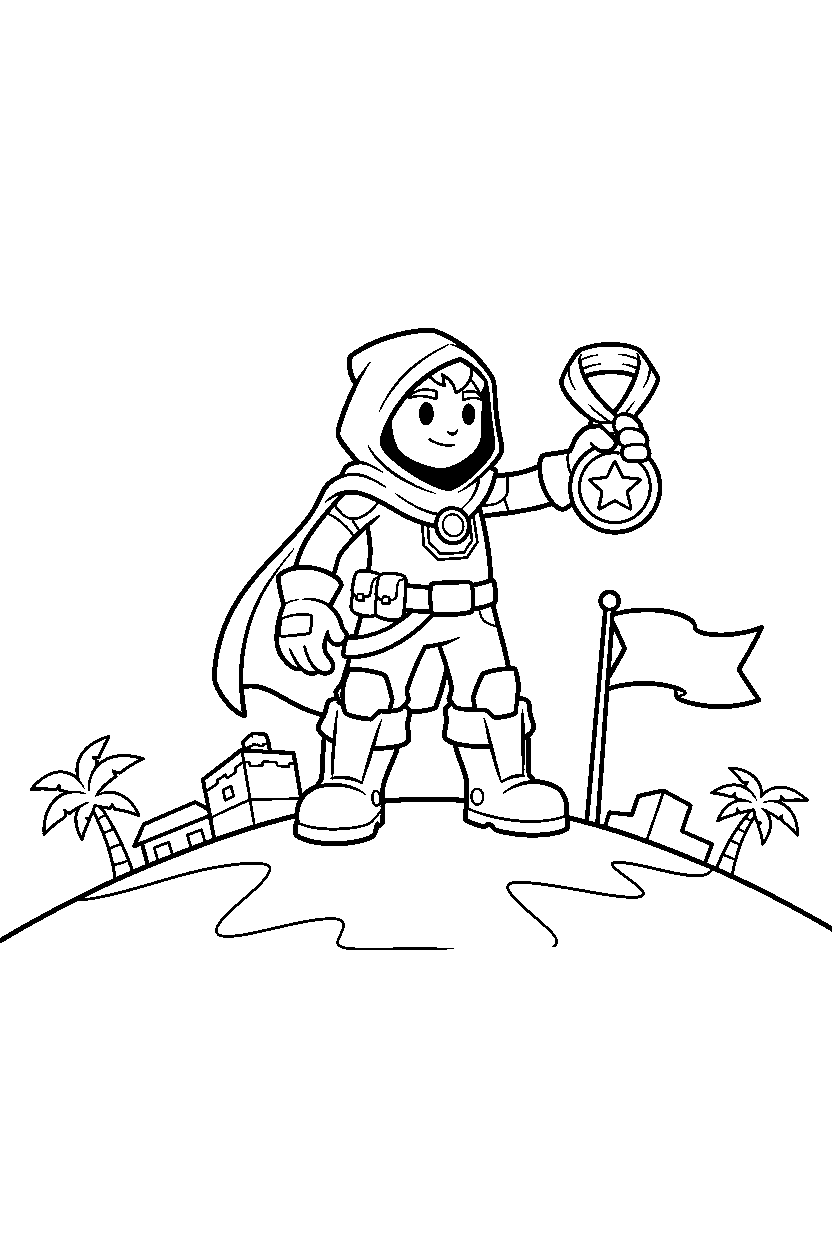 fortnite island champion holding a medal on a battle hill line art