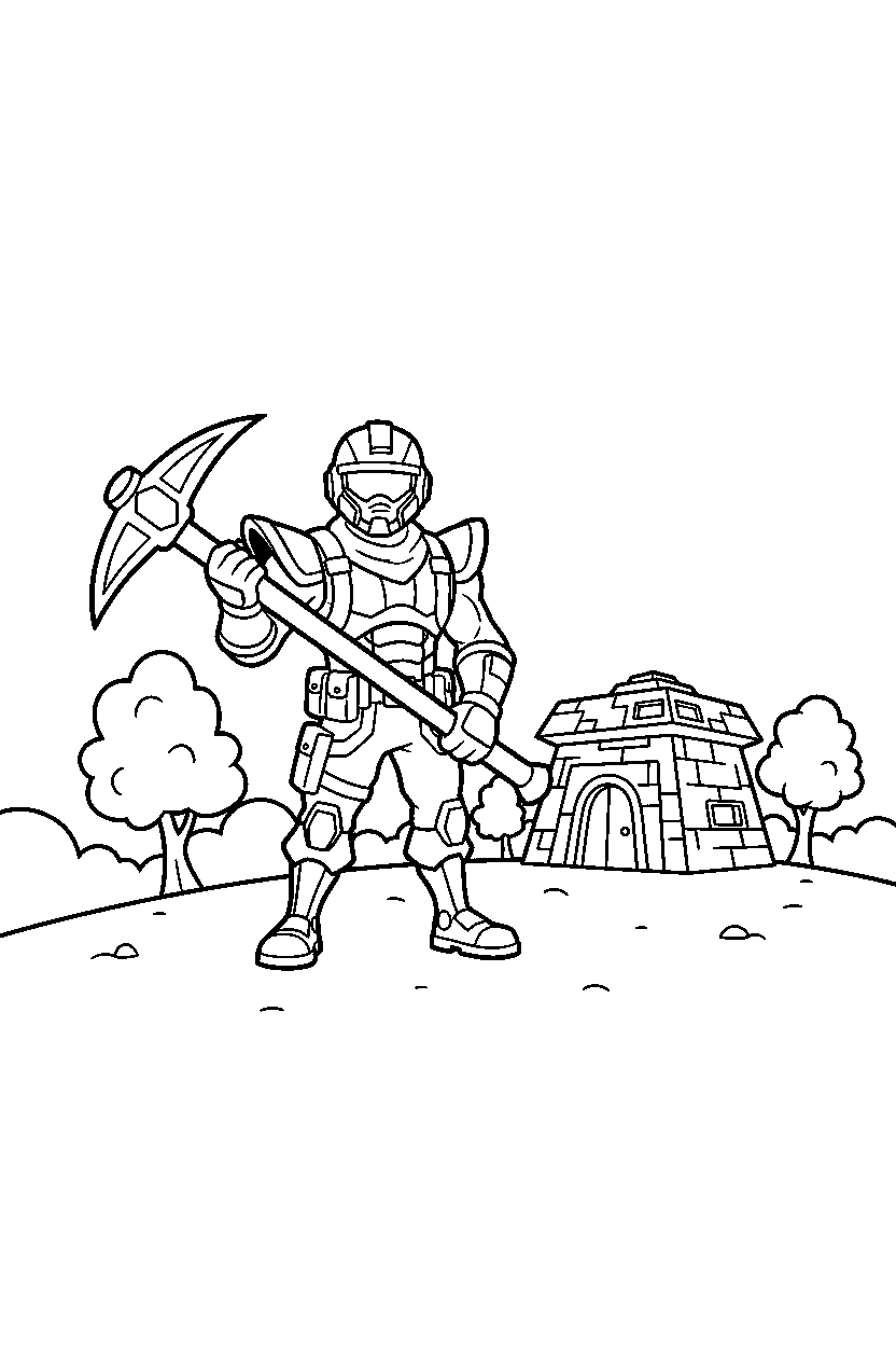 fortnite island champion holding a pickaxe near a small bunker line art