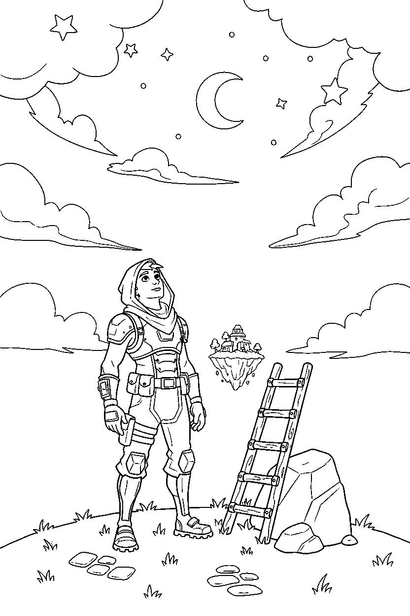 fortnite island champion looking at the sky near a wooden ladder line art