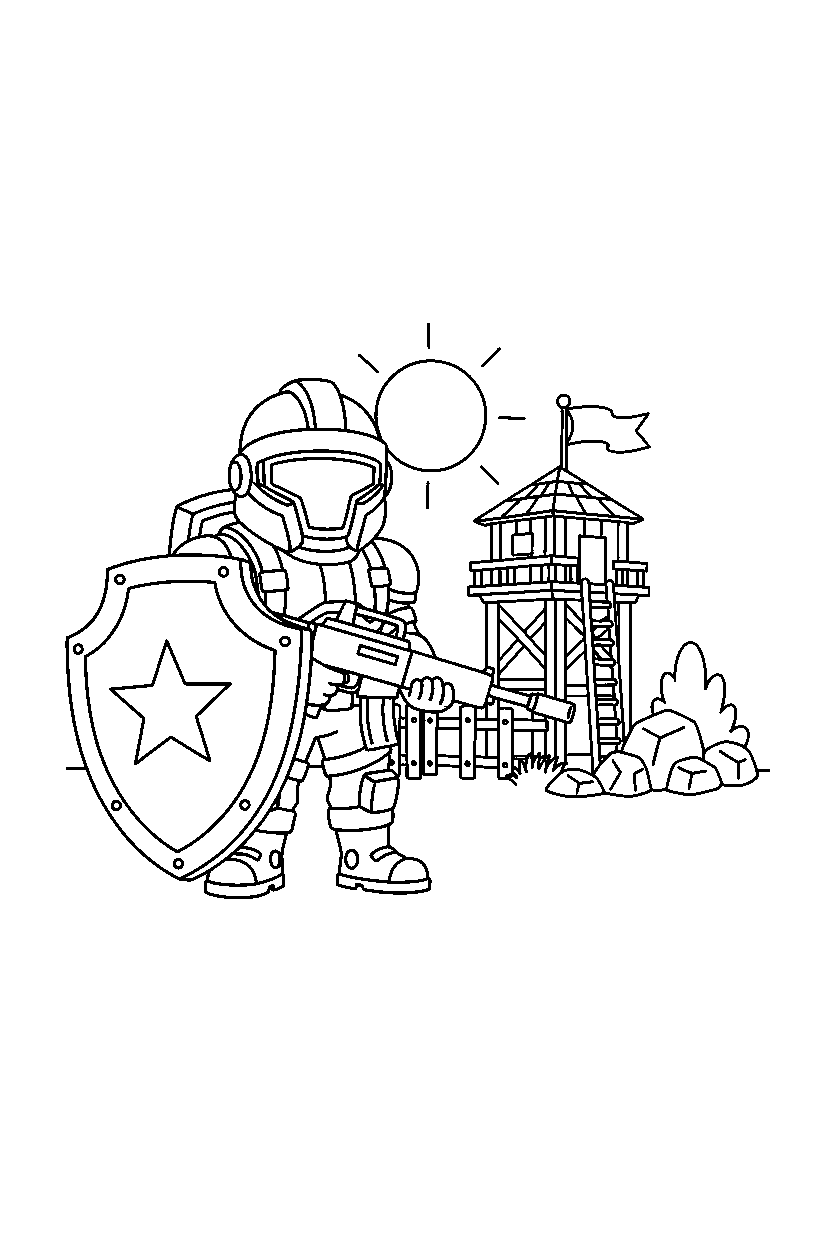 fortnite island defender holding a shield near a simple outpost line art