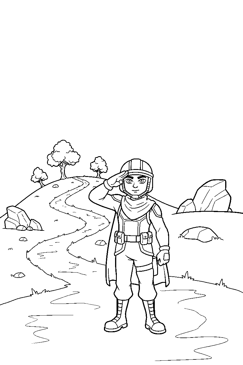 fortnite island defender saluting near a hill path line art