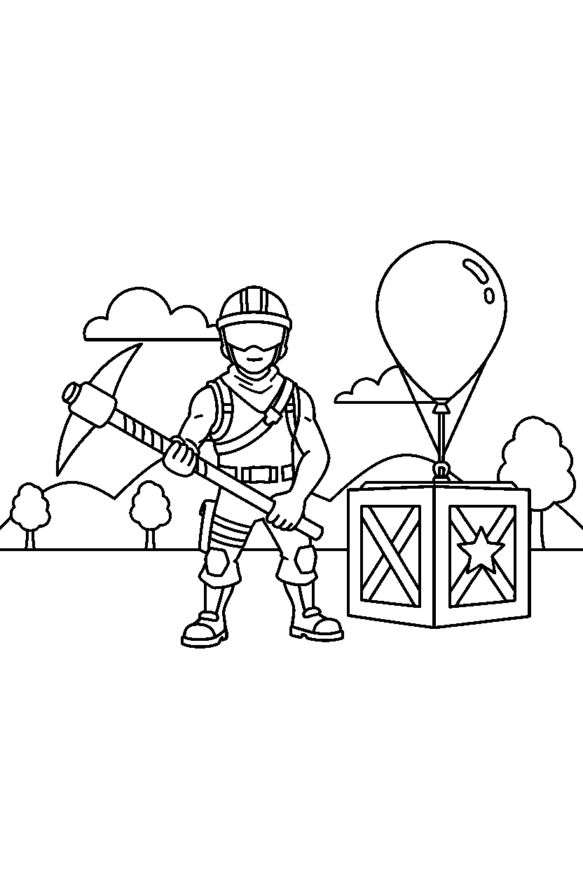 fortnite island fighter holding a pickaxe near a supply drop line art