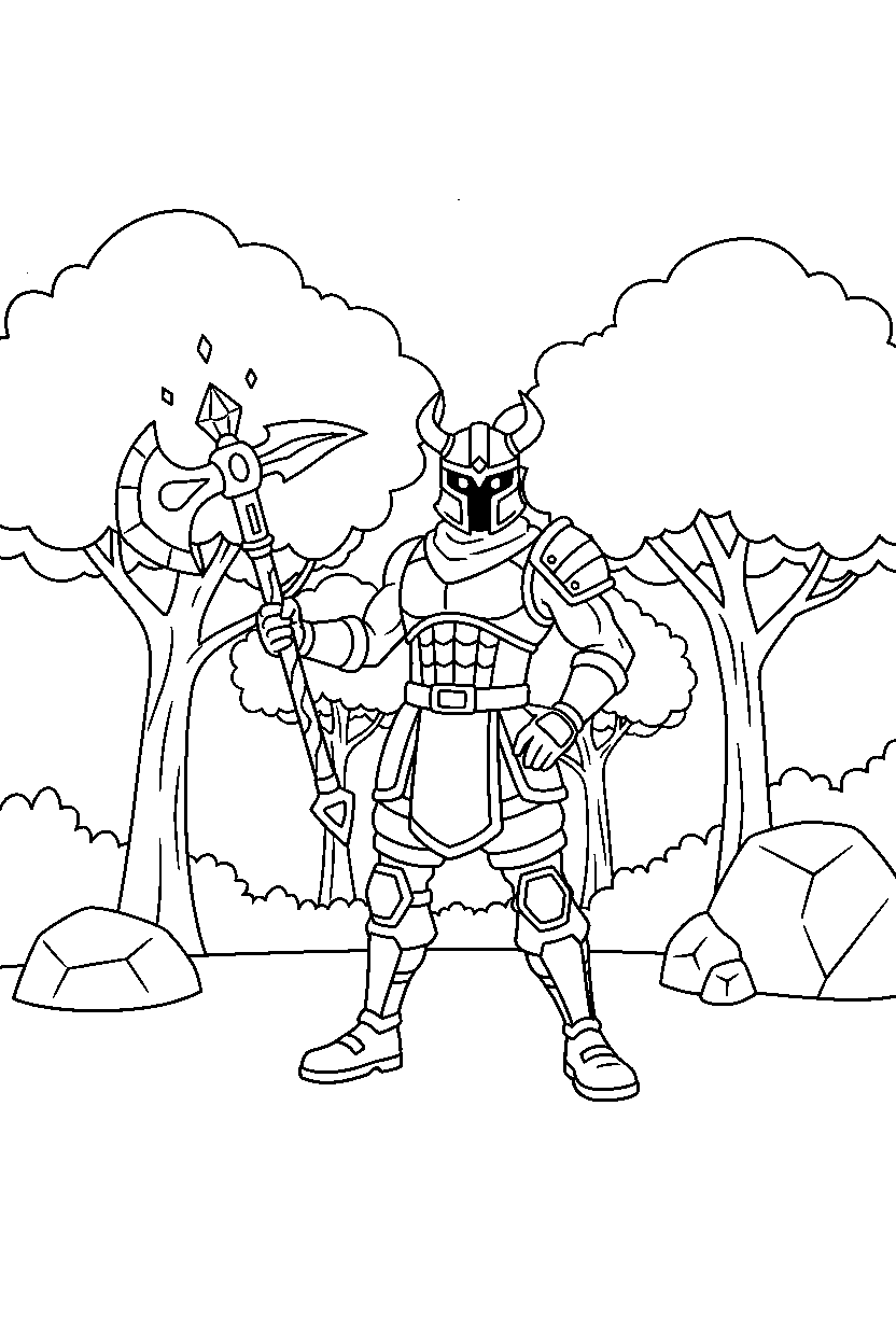 fortnite island fighter standing proudly in a forest clearing line art