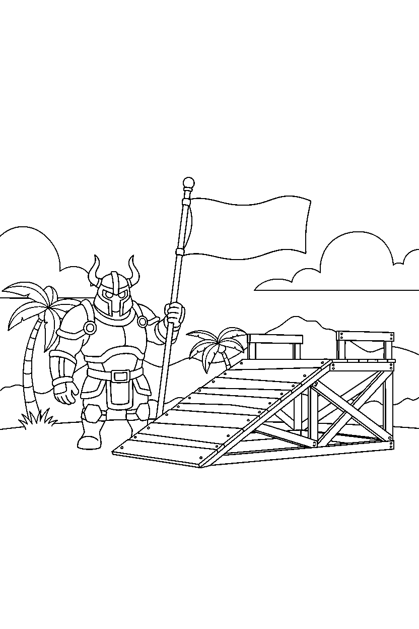 fortnite island guardian holding a banner near a wooden ramp line art
