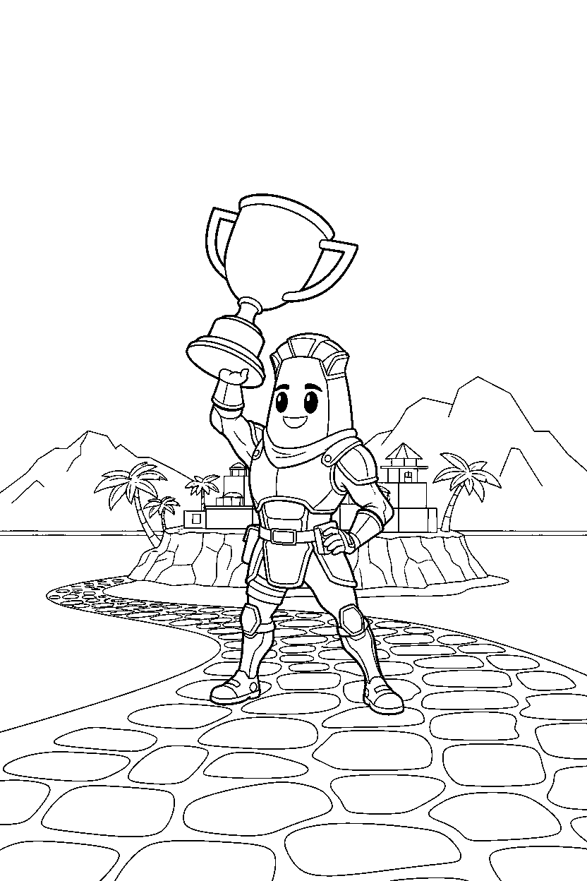 fortnite island hero holding a trophy near a stone path line art