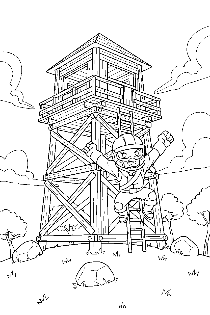 fortnite island hero jumping near a wooden lookout line art