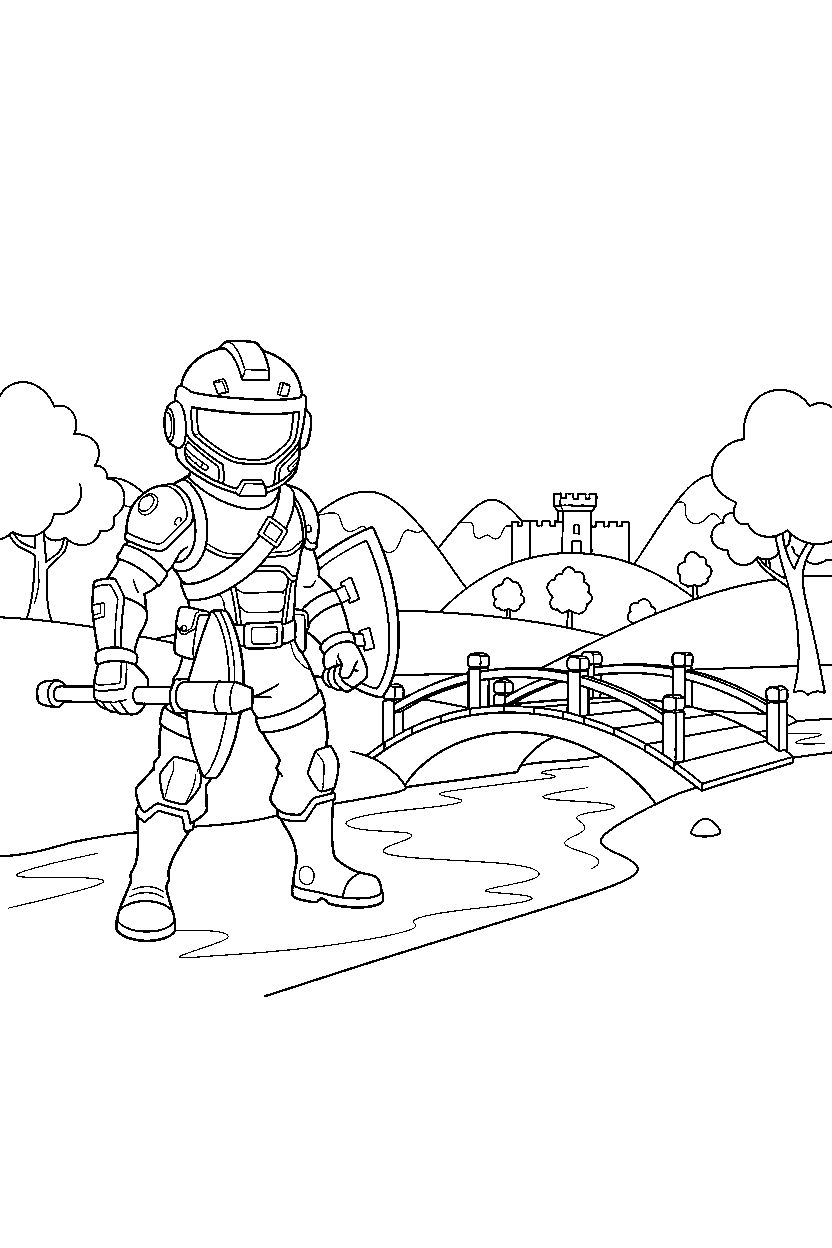 fortnite island hero standing ready near a small bridge line art