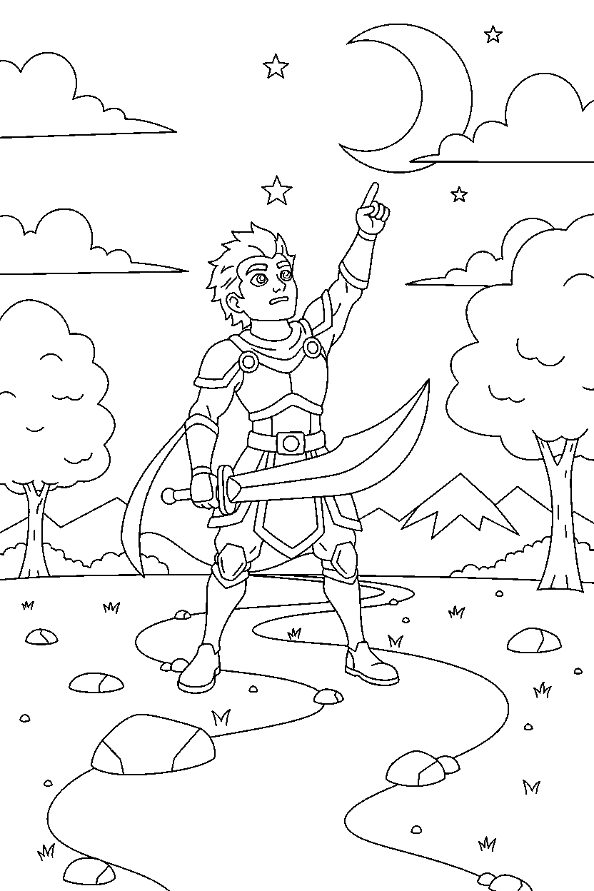 fortnite island warrior looking at the sky on a dirt path line art