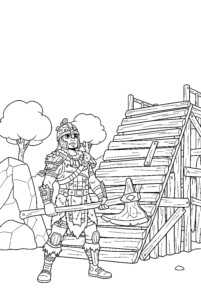 fortnite island warrior looking up near a wooden ramp line art