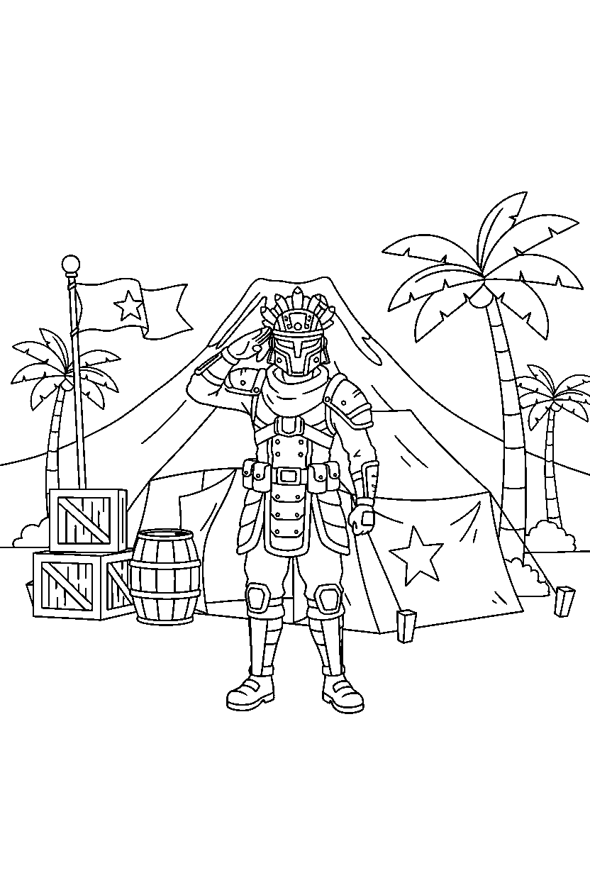 fortnite island warrior saluting near a supply camp line art