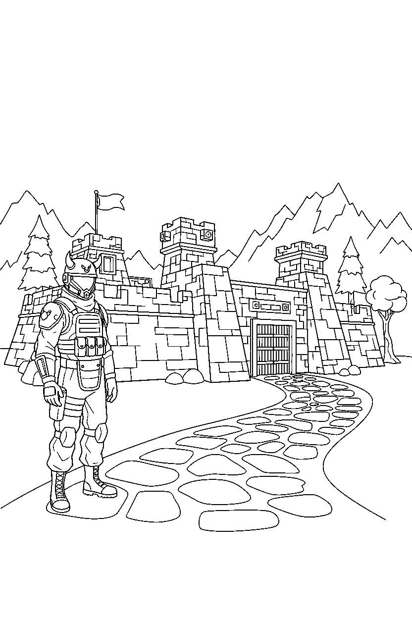 fortnite soldier guarding the base near a stone path line art