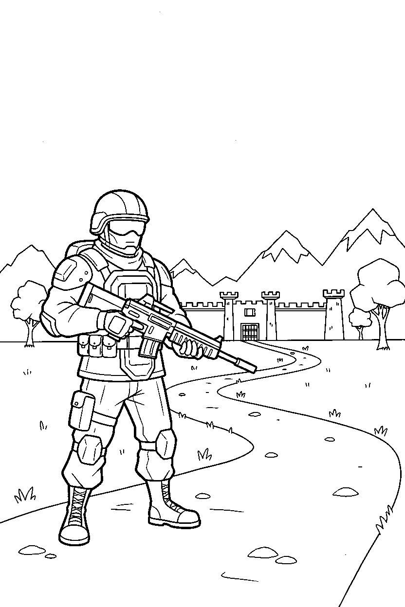 fortnite soldier guarding the base on a dirt path line art