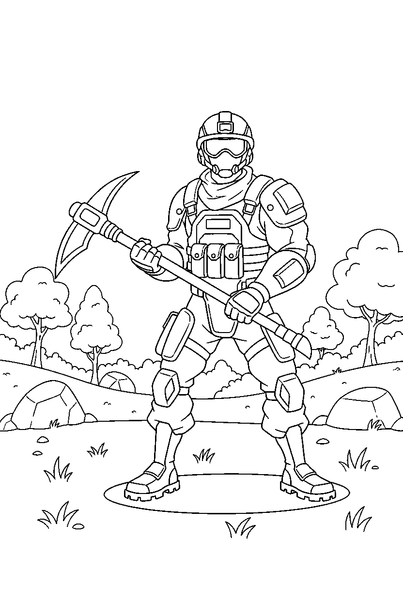 fortnite soldier holding a pickaxe on a grassy battlefield line art