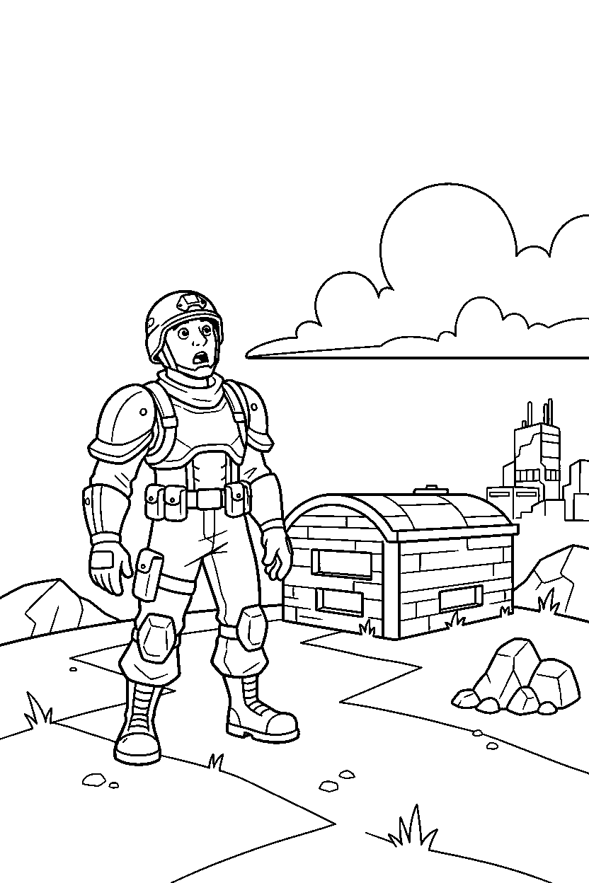 fortnite soldier looking up near a small bunker line art