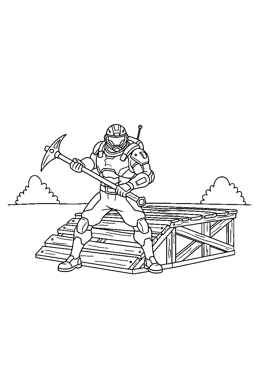 fortnite soldier posing near a wooden platform line art