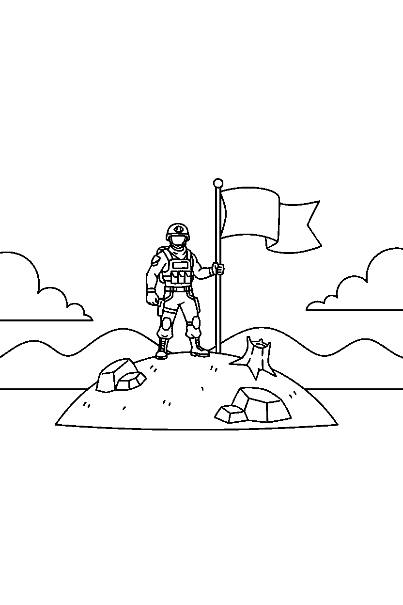 fortnite soldier raising a flag near a hill lookout line art