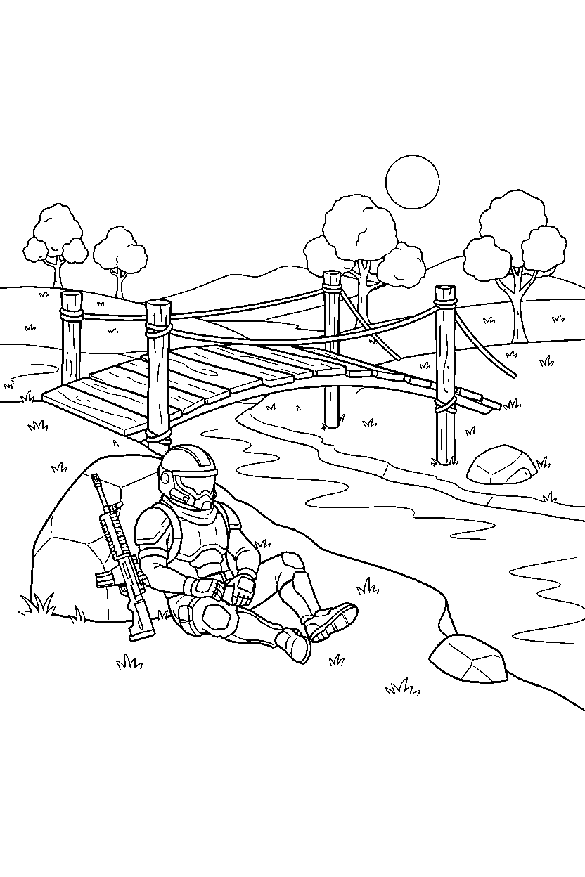 fortnite soldier resting near a wooden bridge line art