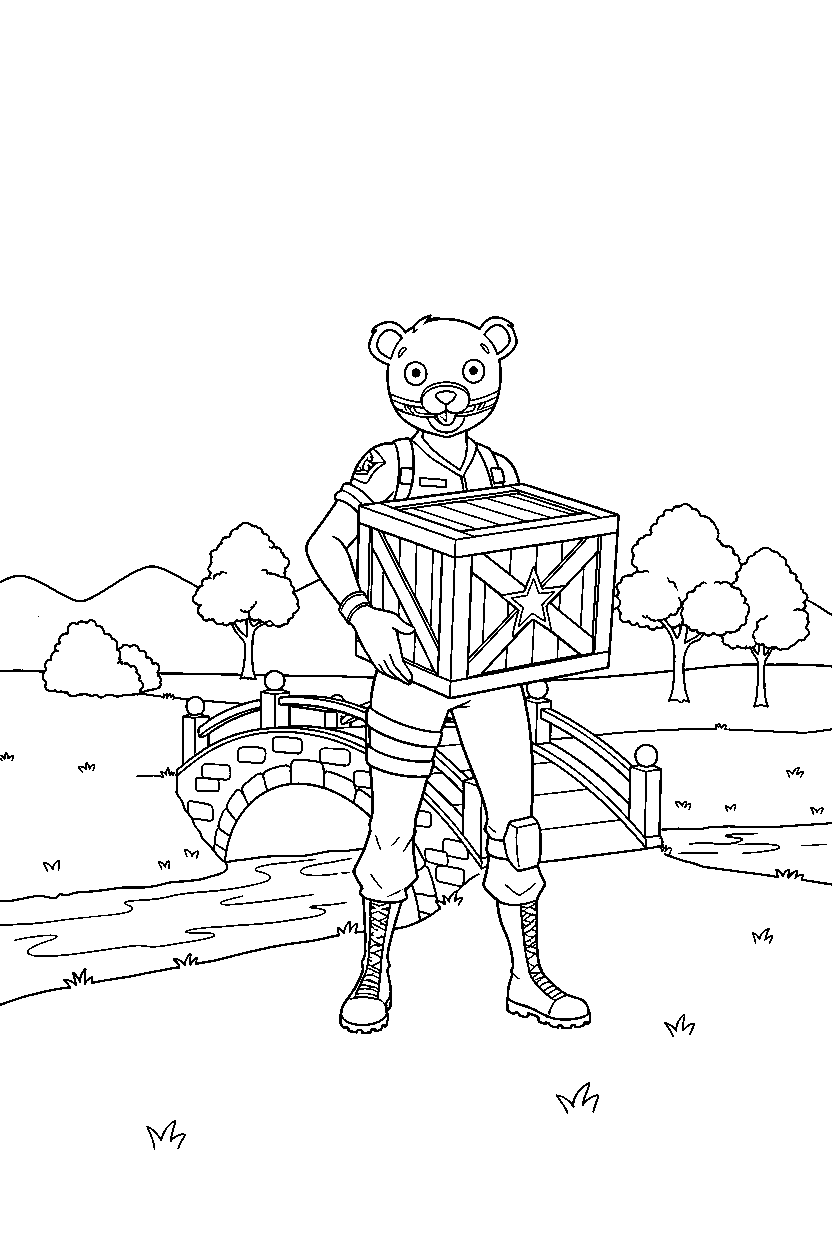 fortnite squad captain holding a supply crate near a small bridge line art