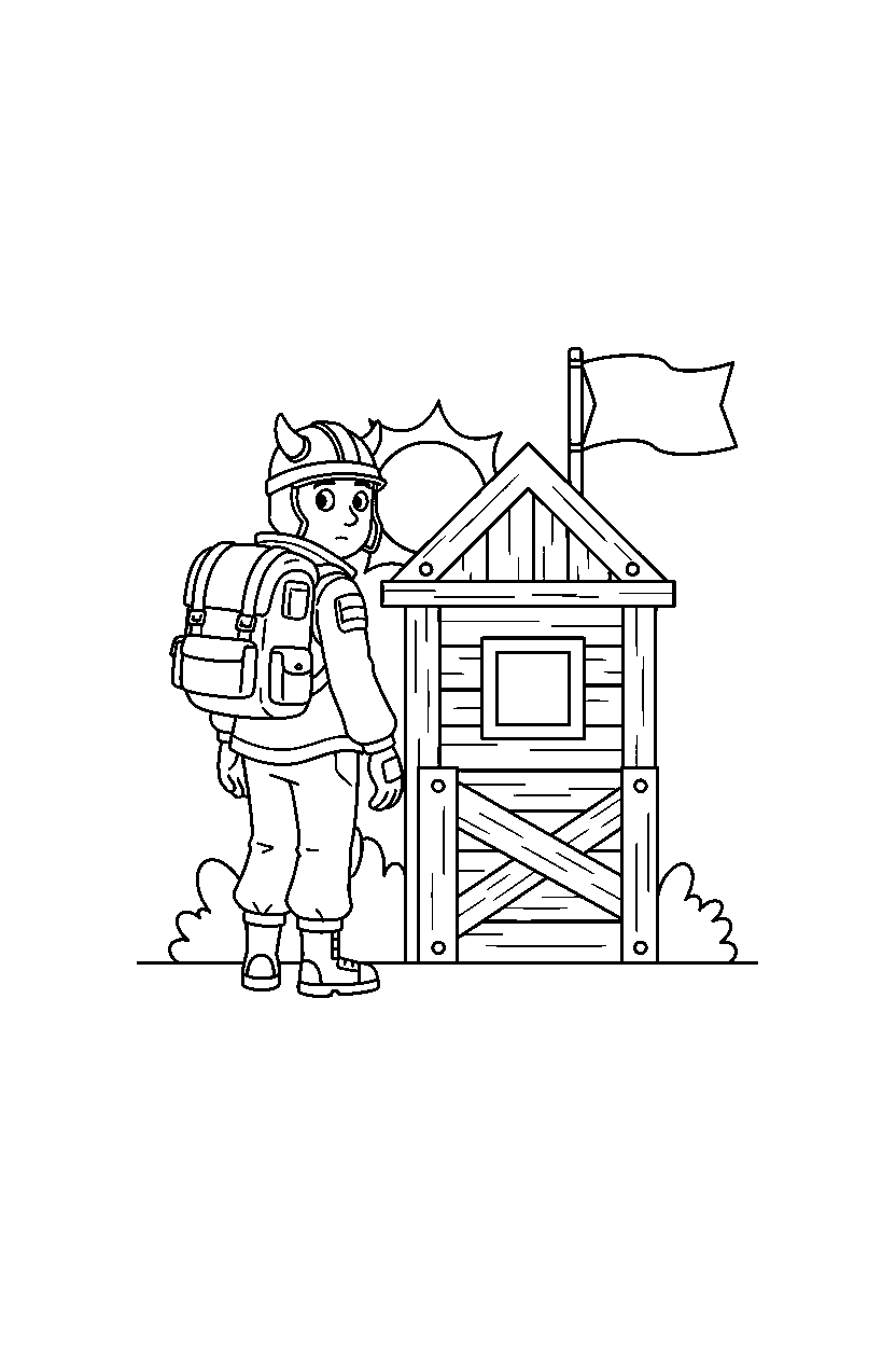 fortnite squad captain looking around near a simple guard post line art