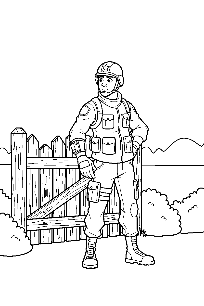 fortnite squad captain looking around near a wooden gate line art
