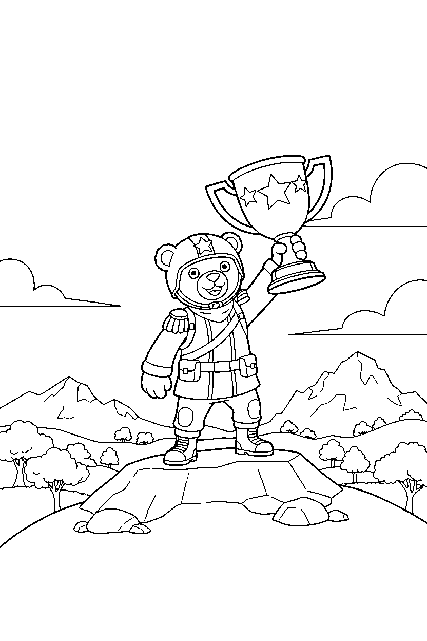 fortnite squad captain raising a trophy near a hill lookout line art