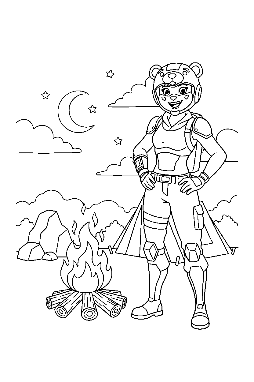 fortnite squad captain smiling near a campfire line art
